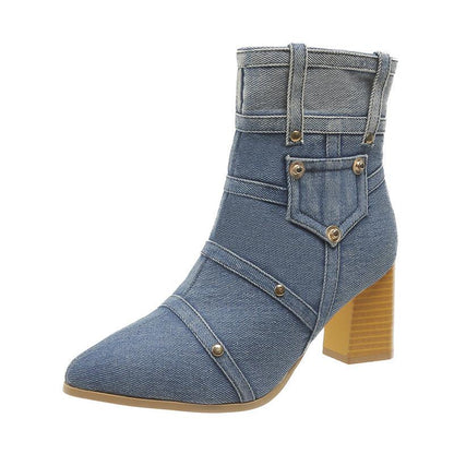 Denim Chunky Heel Martin Boots Women Shoes & Bags