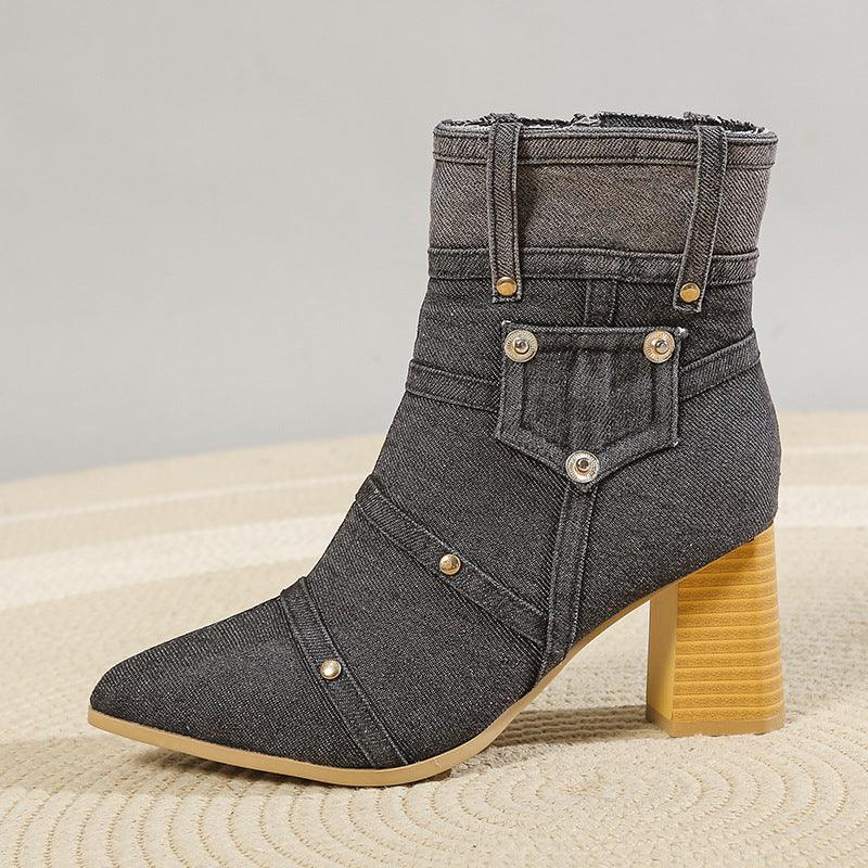 Denim Chunky Heel Martin Boots Women Shoes & Bags