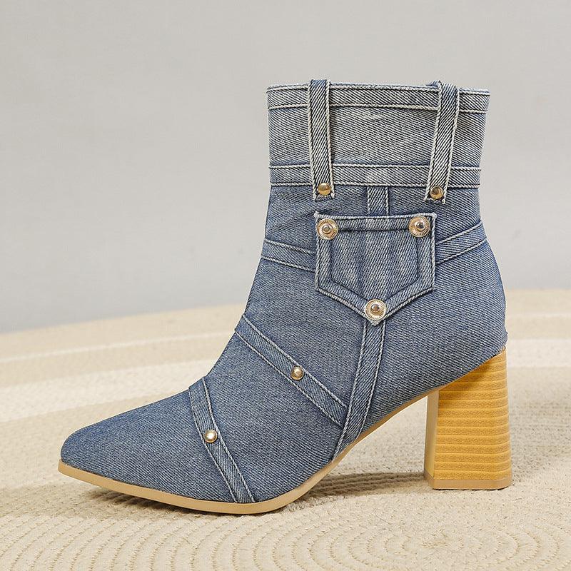 Denim Chunky Heel Martin Boots Women Shoes & Bags