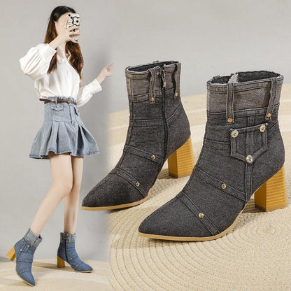 Denim Chunky Heel Martin Boots Women Shoes & Bags