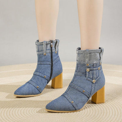 Denim Chunky Heel Martin Boots Women Shoes & Bags