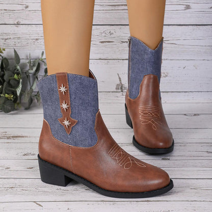 Denim Patchwork Western Cowboy Boots Women Shoes & Bags