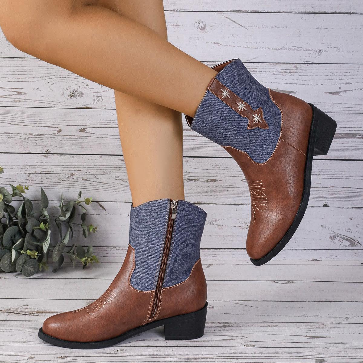 Denim Patchwork Western Cowboy Boots Women Shoes & Bags