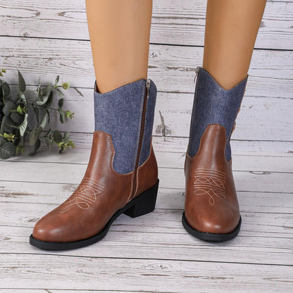 Denim Patchwork Western Cowboy Boots Women Shoes & Bags