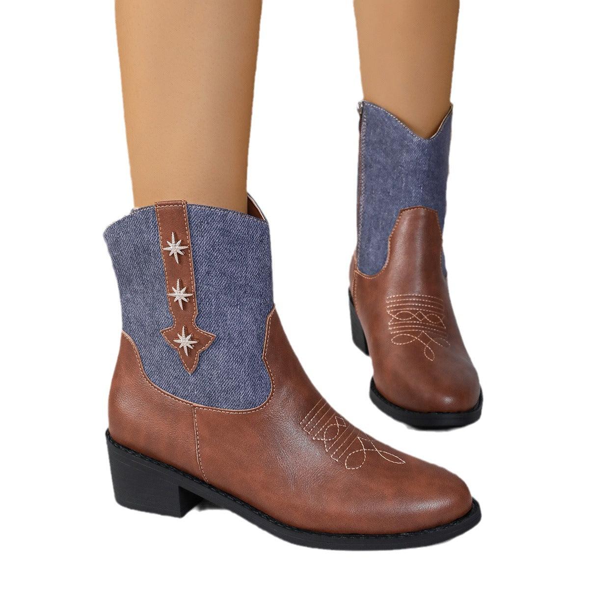 Denim Patchwork Western Cowboy Boots Women Shoes & Bags