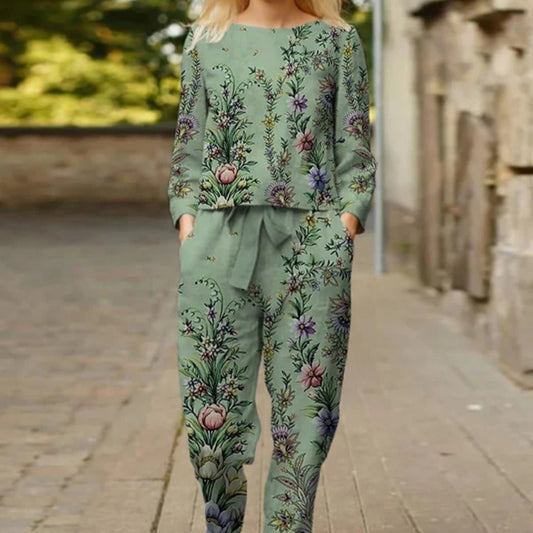 Women's Printed Casual Round Neck Trousers Long-sleeve Suit apparel & accessories