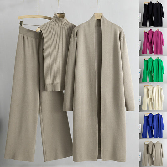 Sleeveless Vest Sweater Long Cardigan, Wide-leg Pants Three-piece Set apparels & accessories