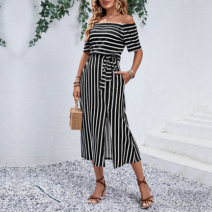 Fashion Women's Wear Off-shoulder Striped Summer Dress apparels & accessories