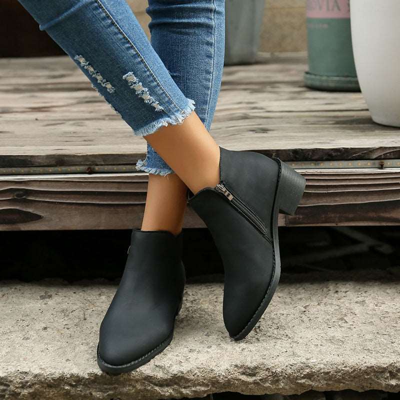 Ankle Boots Women Chunky Mid Heel Shoes Waterproof Side Zipper Boots Shoes & Bags