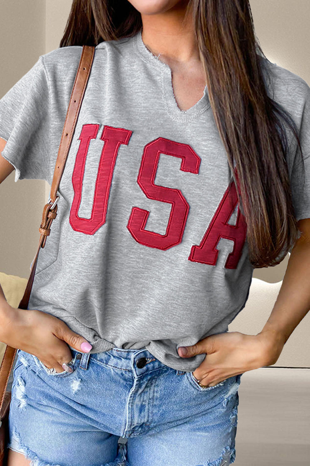 USA Notched Short Sleeve T-Shirt Dresses & Tops