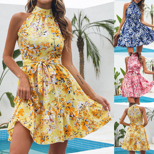 New Flowers Print Halterneck Dress Summer Fashion Temperament Lace-up Ruffled Dresses For Women apparel & accessories