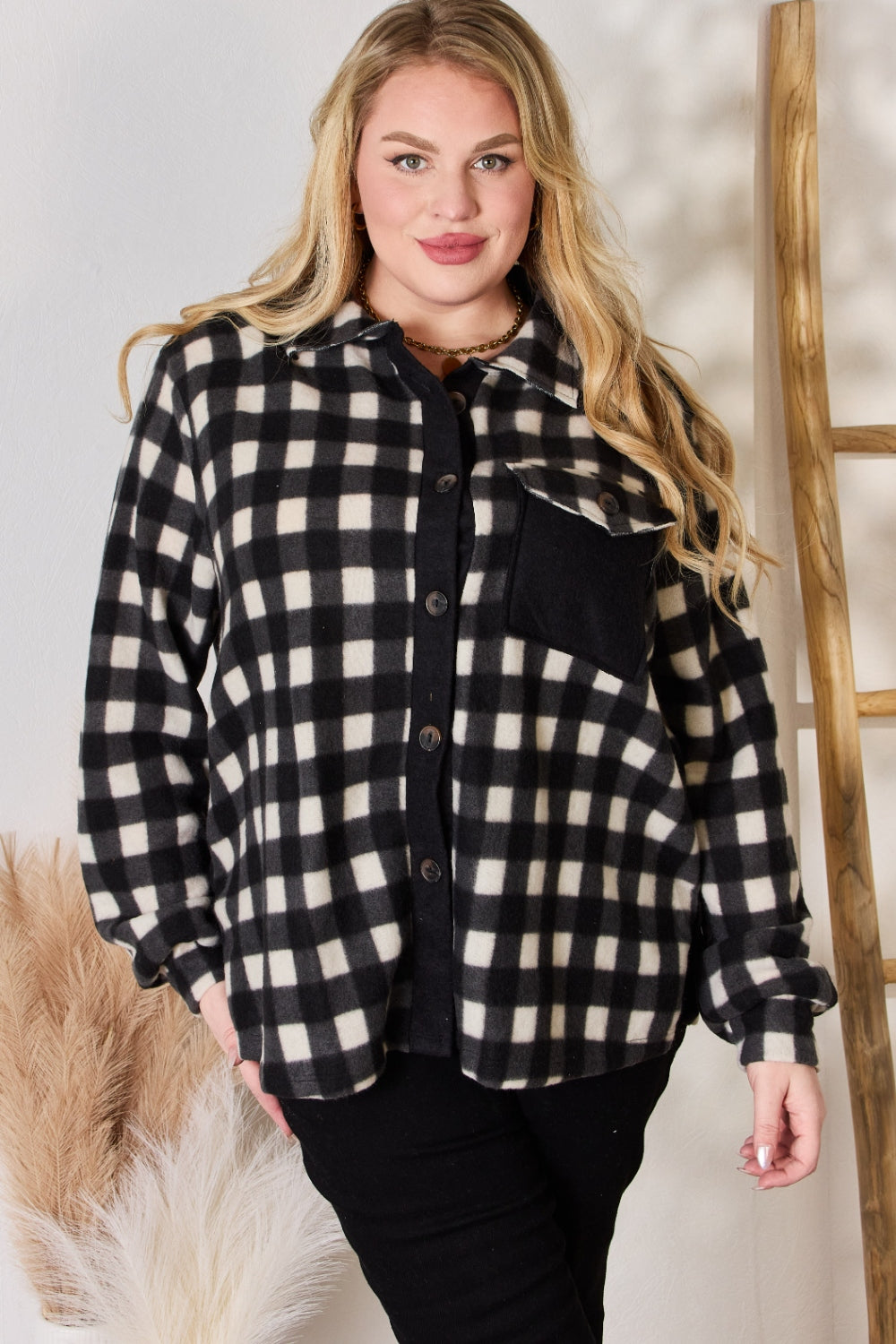 Hailey & Co Full Size Plaid Button Up Jacket Dresses & Tops