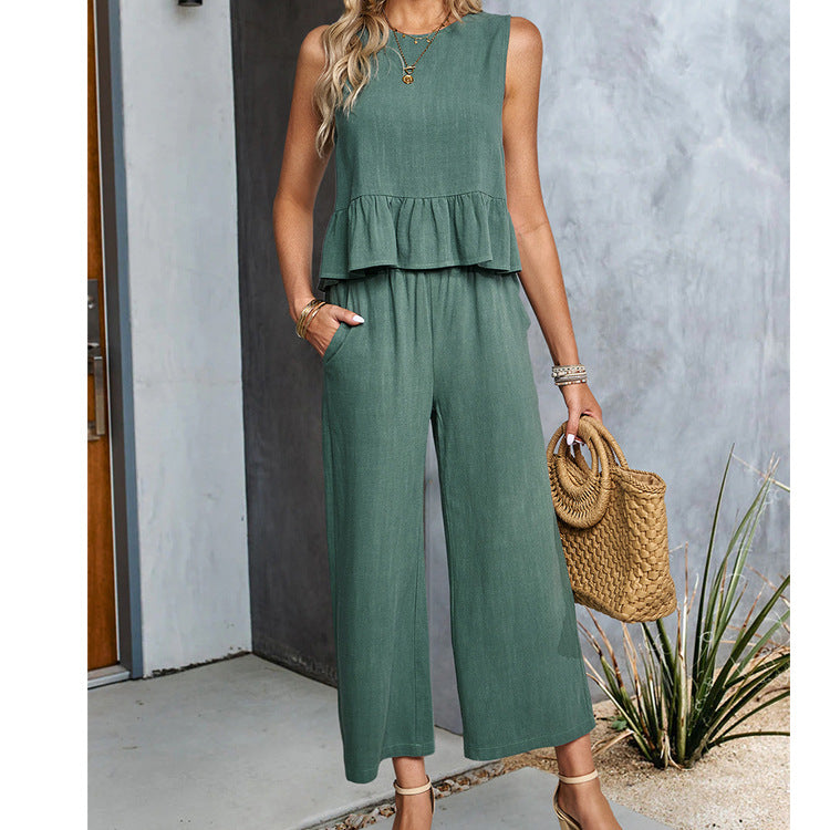 Women's Sleeveless Shirt Wide Leg Cotton And Linen Cropped Pants Set apparels & accessories