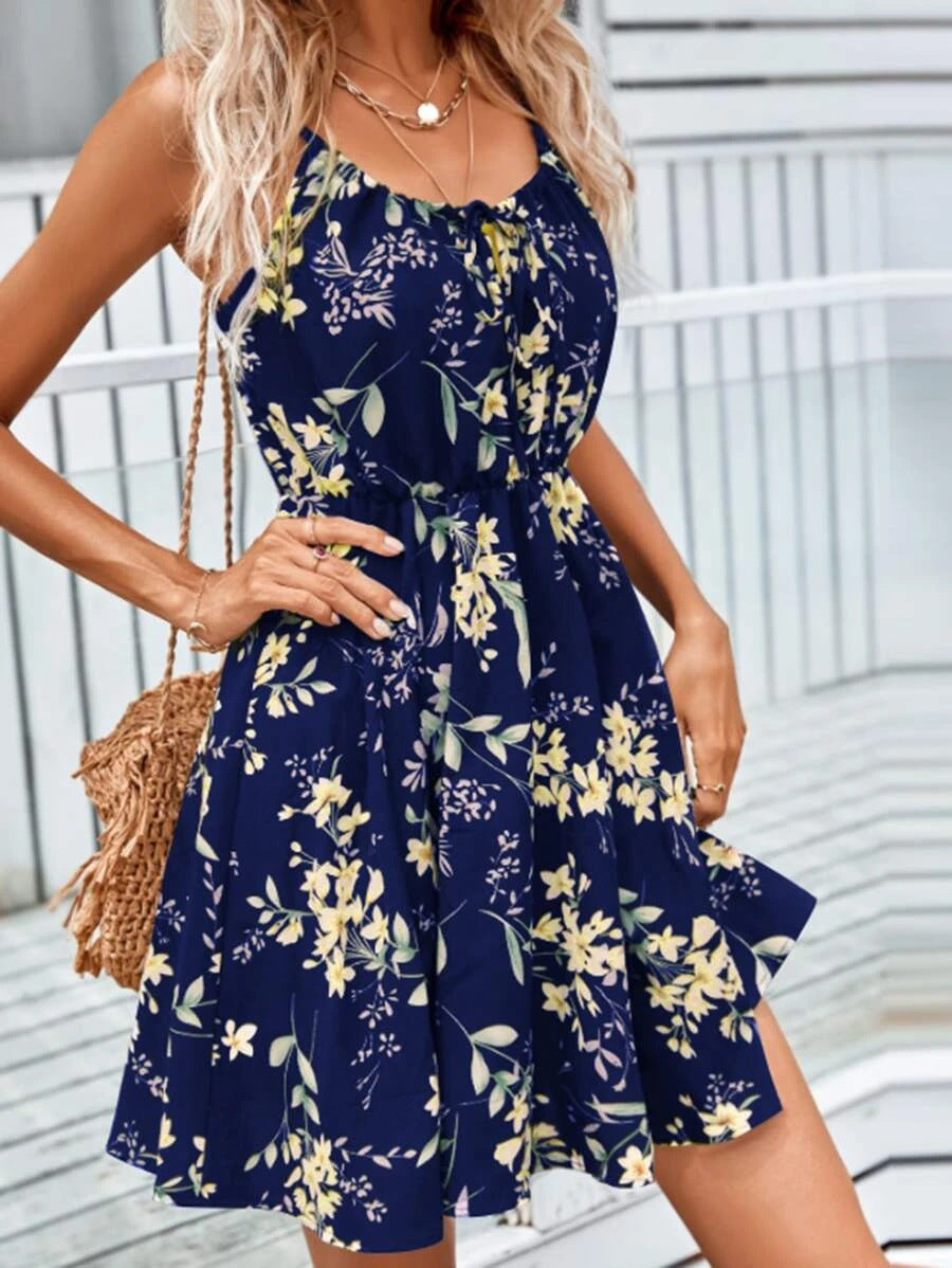 Floral Print Suspender Dress With Elastic Waist Design Fashion Summer Short Dresses Womens Clothing apparel & accessories