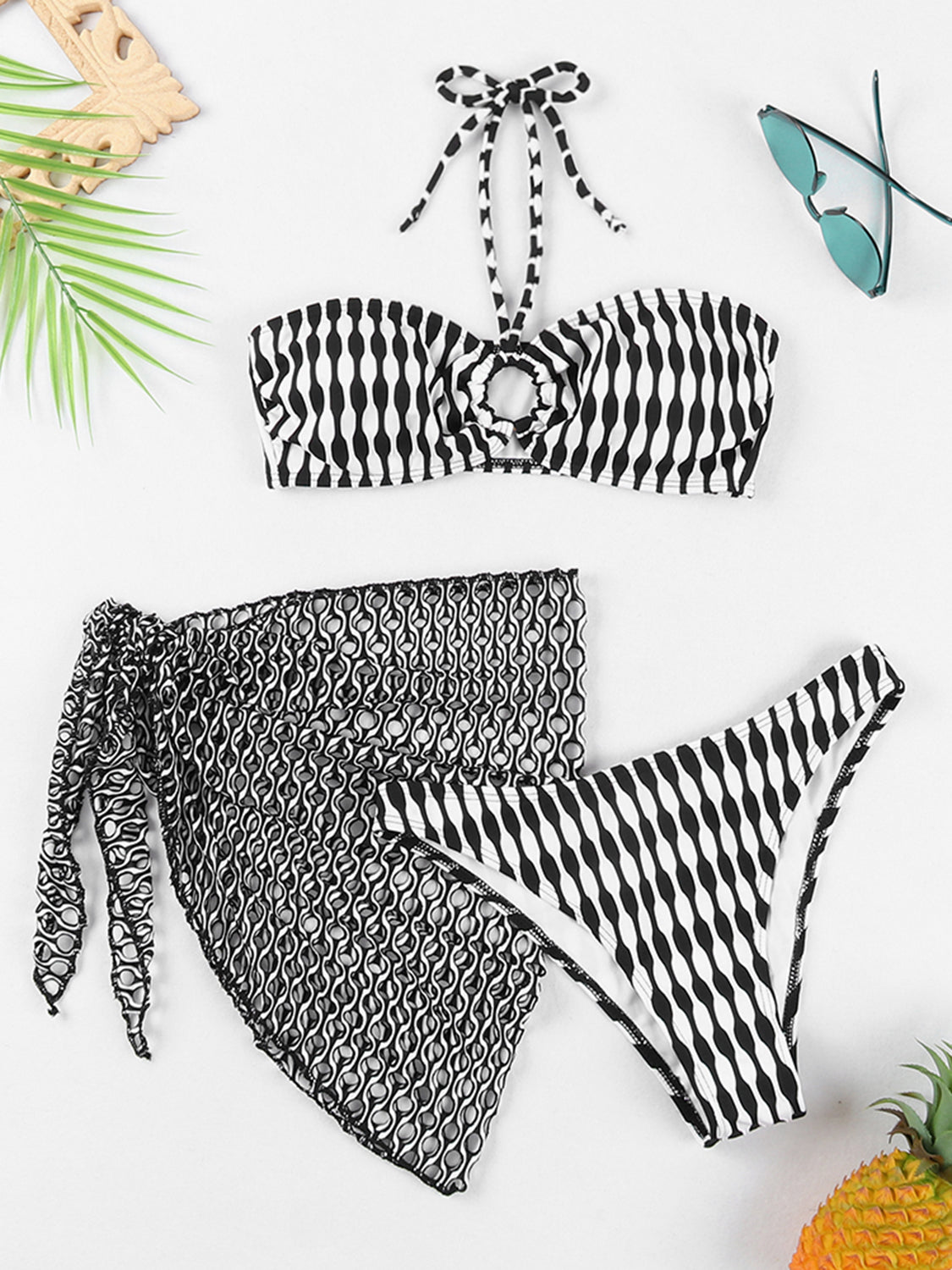 Geometric Halter Neck Three-Piece Swim Set apparels & accessories