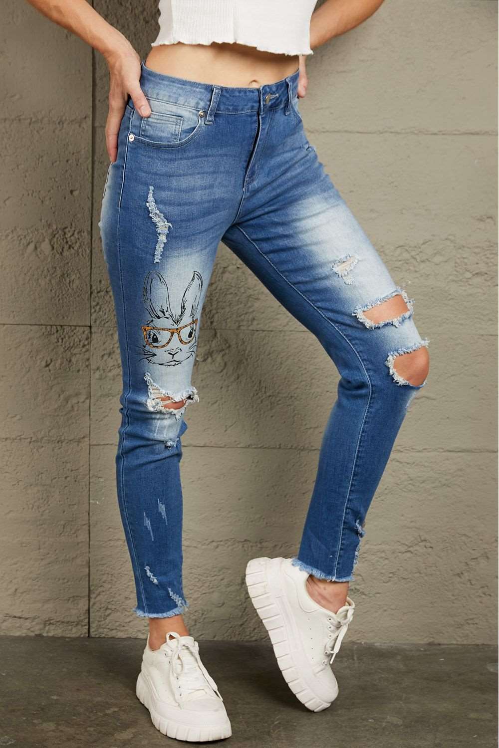 Baeful Easter Distressed Frayed Hem Jeans apparel & accessories