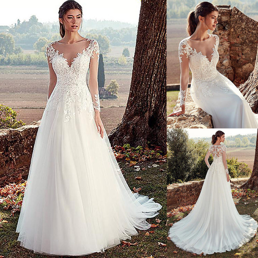 High U-neck Lace Long Sleeve A- Line Long Tail Simple Wedding Dress apparel & accessories