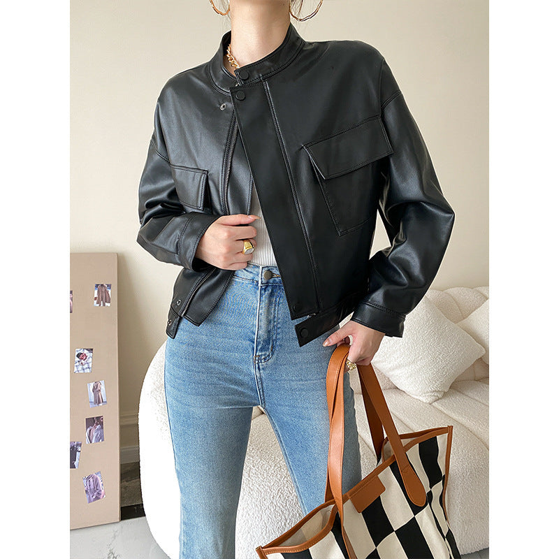 Women's Casual Small Stand Collar Coat Leather Jacket apparel & accessories