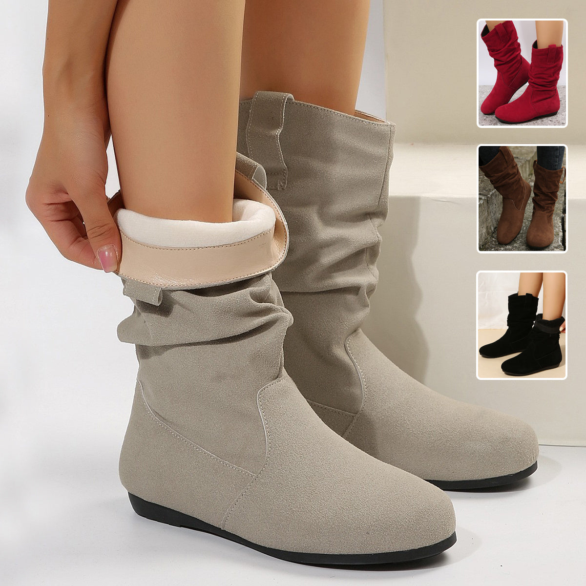 Round Toe Flat Suede Mid-calf Boot Shoes & Bags