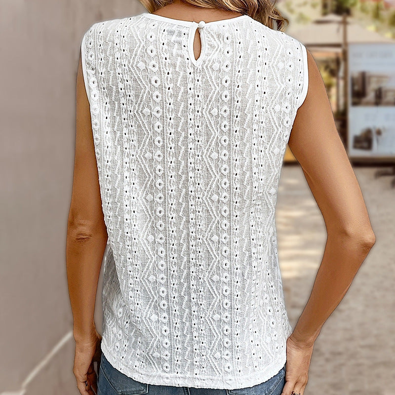 Women's Lace Stitching Solid Color Vest Women's See-through Round Neck Top apparel & accessories