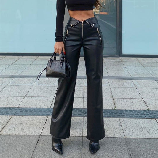 High Waist Straight Loose Wide Leg Casual Pants Leather Pants apparel & accessories