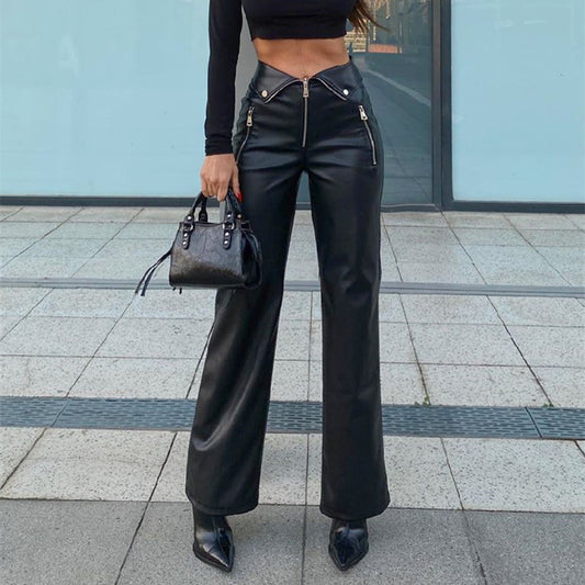 High Waist Straight Loose Wide Leg Leather Pants apparel & accessories