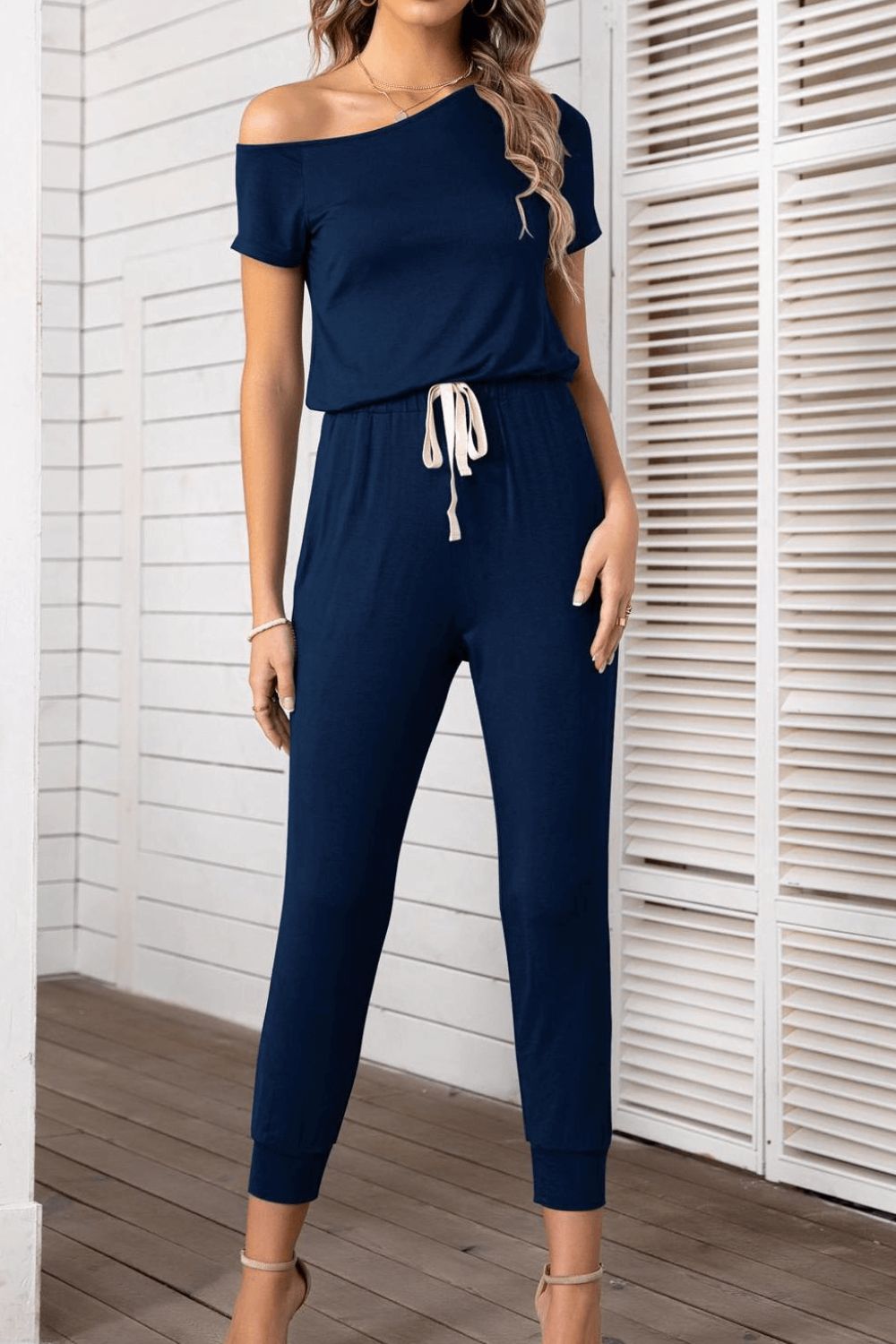 Asymmetrical Neck Short Sleeve Jumpsuit apparel & accessories