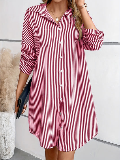 Striped Button Up Long Sleeve Mini Shirt Dress apparel & accessories