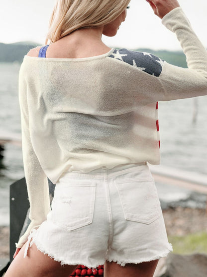 US Flag Boat Neck Long Sleeve Knit Top Dresses & Tops