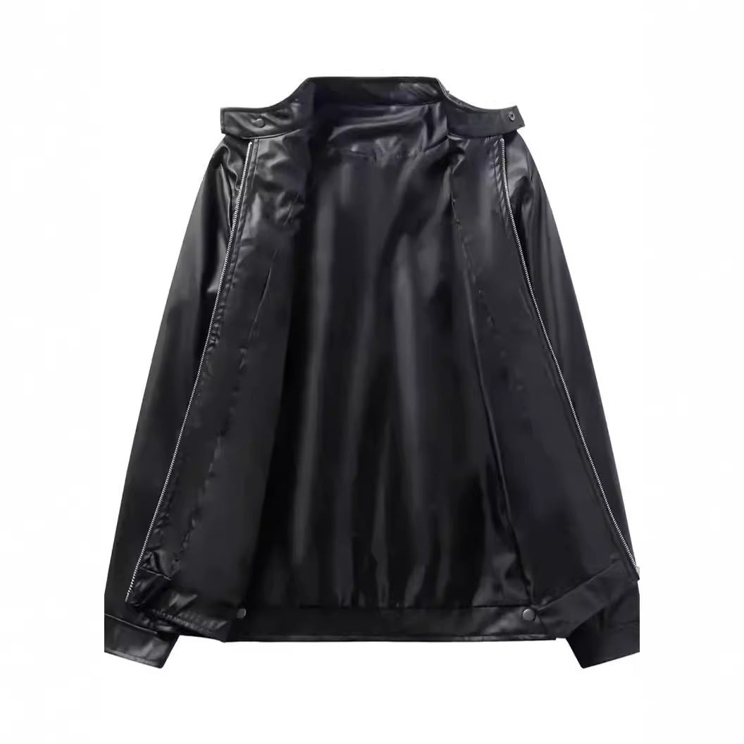 Leather Jacket With Buckle Chain Pocket Decoration apparels & accessories