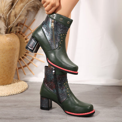 Chunky Heel Square Toe Ankle Boots With Rivets Shoes & Bags