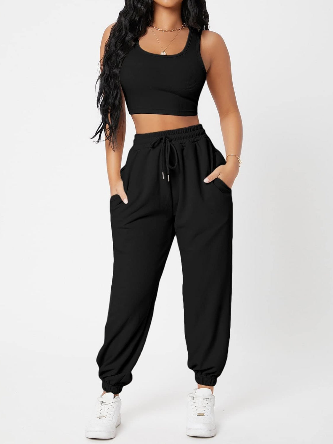 Wide Strap Top and Drawstring Joggers Set Bottom wear