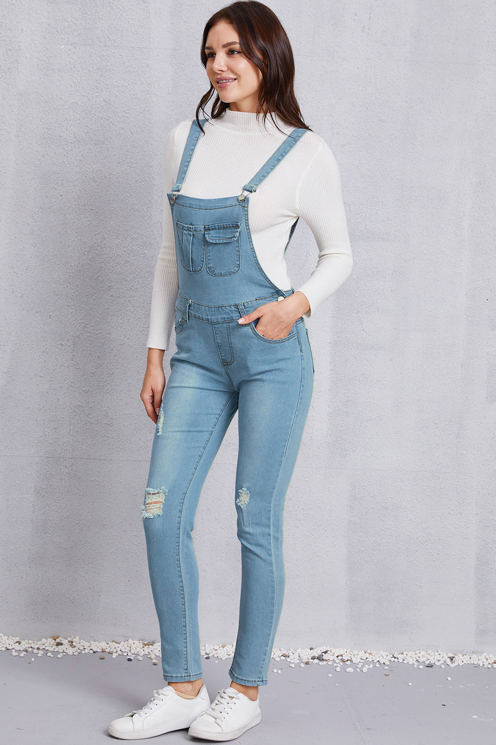 Distressed Washed Denim Overalls with Pockets Bottom wear