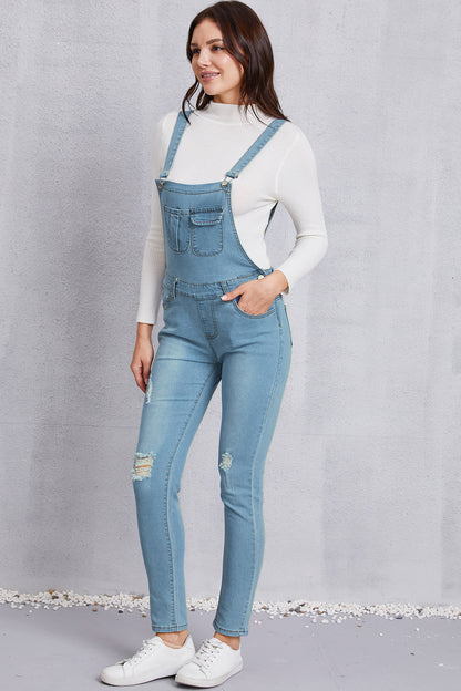 Distressed Washed Denim Overalls with Pockets Bottom wear