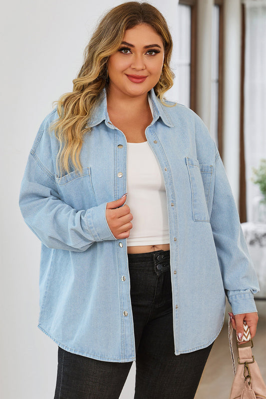 Plus Size Snap Down Pocketed Denim Jacket Dresses & Tops