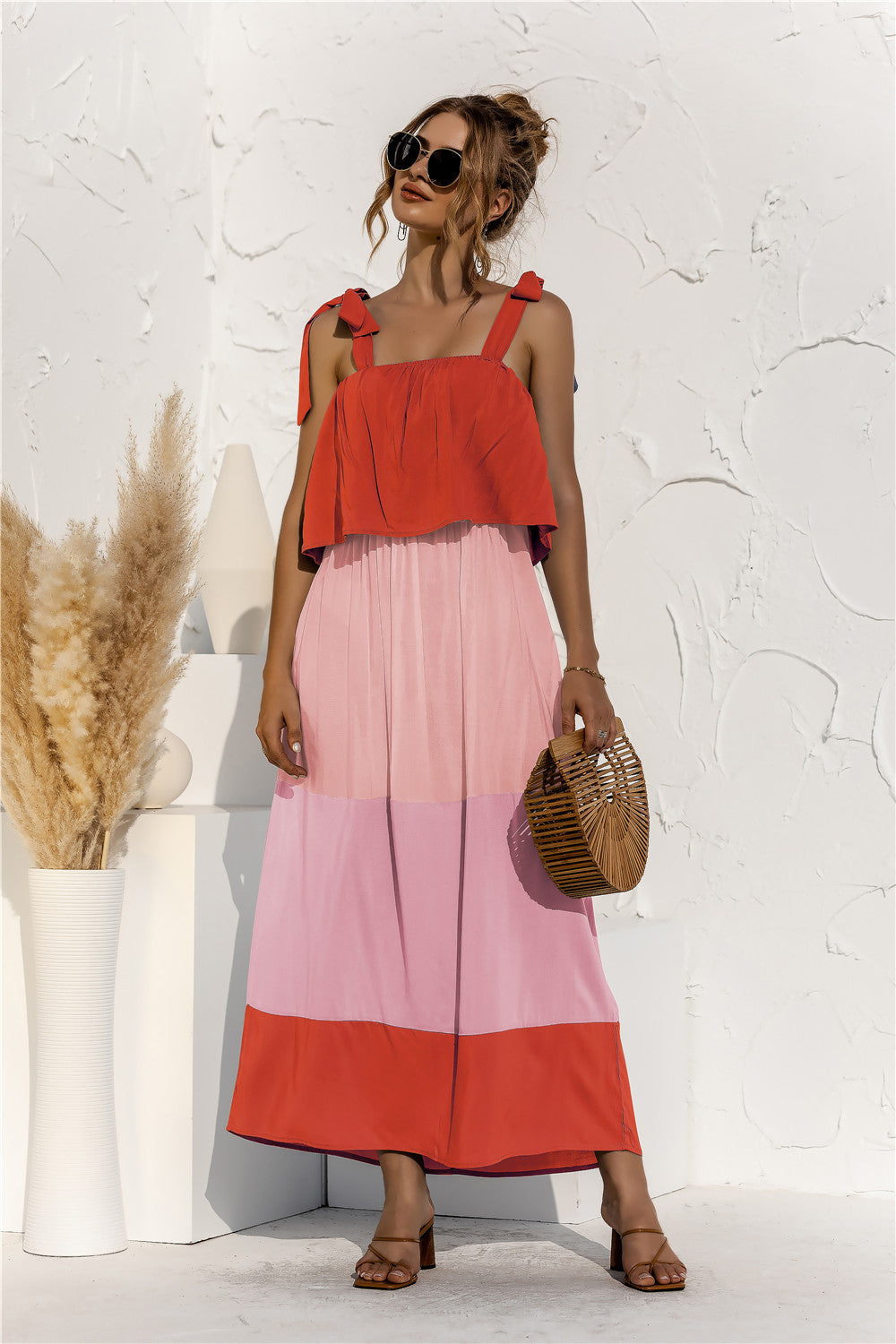 Color Block Tie Shoulder Tiered Sleeveless Dress apparel & accessories