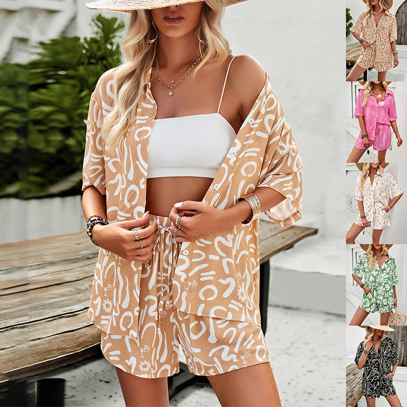 Casual Printed Suits Shirt And Drawstring Shorts Summer Fashion apparel & accessories