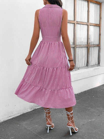 Striped Johnny Collar Sleeveless Midi Dress Dresses & Tops