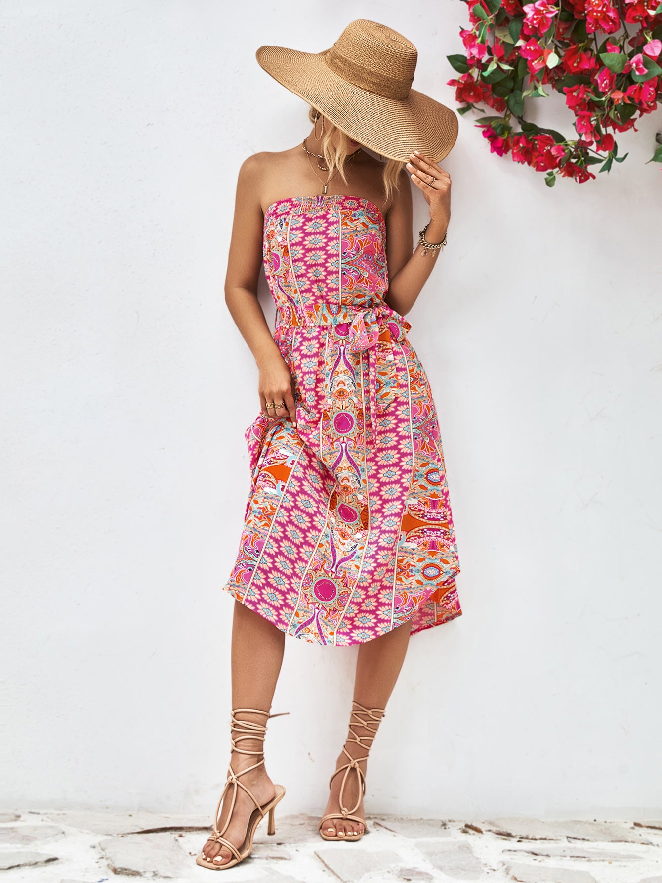 Printed Strapless Tie Belt Dress apparel & accessories