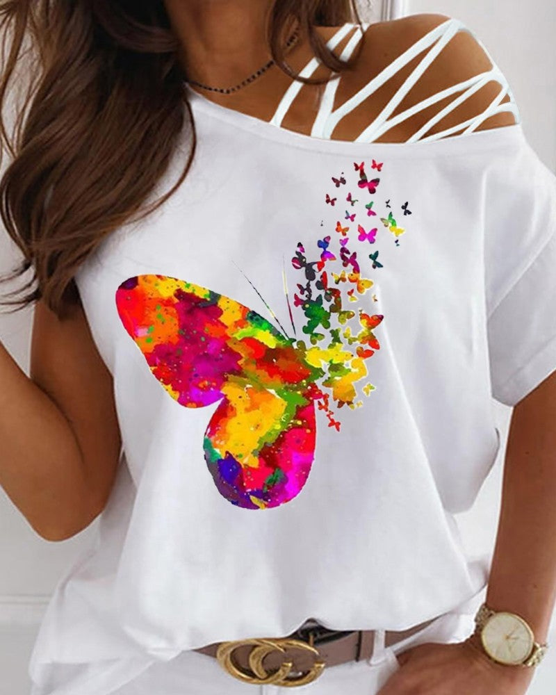 Summer New Women's Off-Shoulder Printed T-Shirt Top apparel & accessories