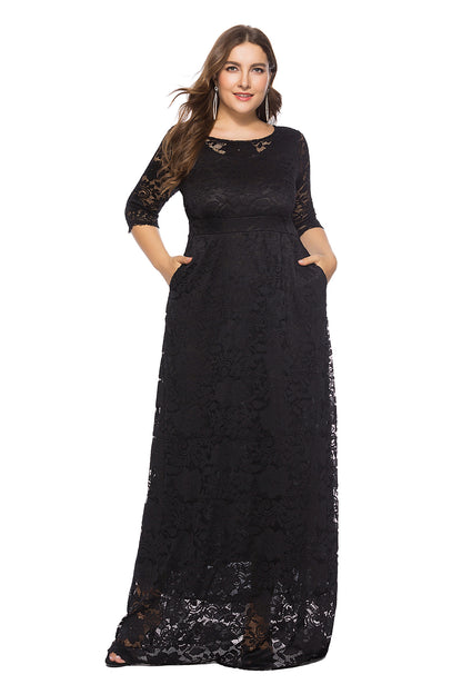 Plus Size Women New Hollow Lace Pocket Dress Dresses & Tops