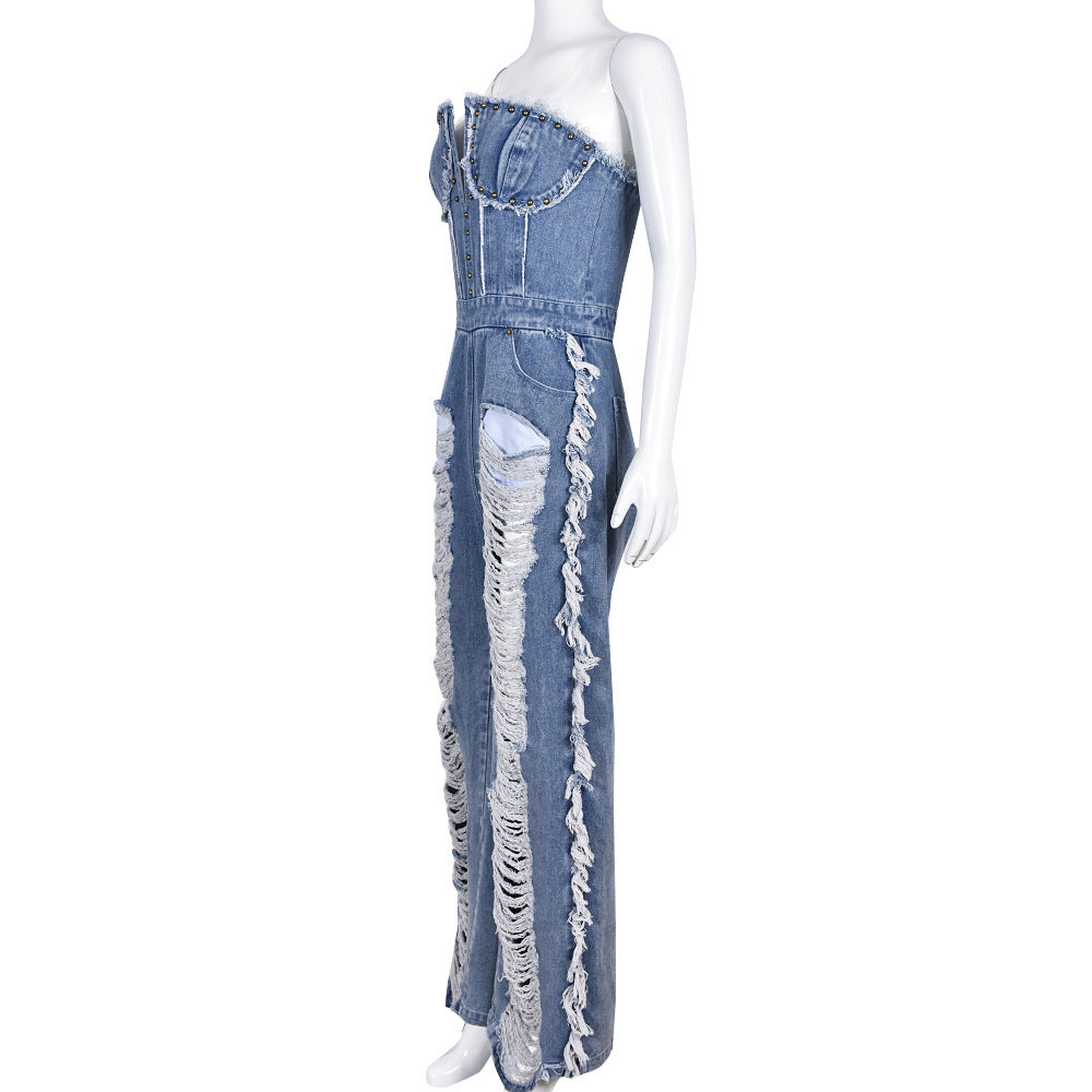 Women's Tassel Hole Rhinestone Washing Water Denim Jumpsuit apparel & accessories