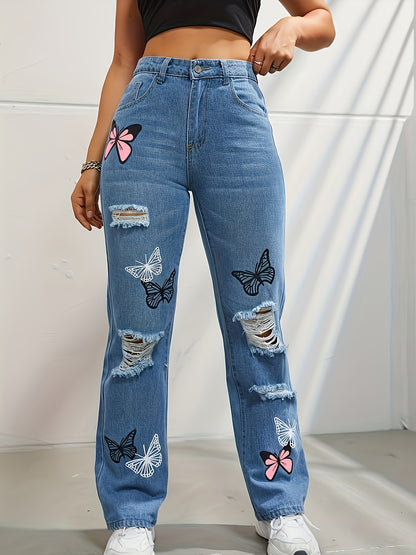 High Waisted Straight Leg Butterfly Print Ripped Distressed Denim Pants apparels & accessories