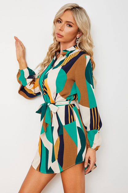 Geometric Print Belted Curved Hem Dress apparel & accessories