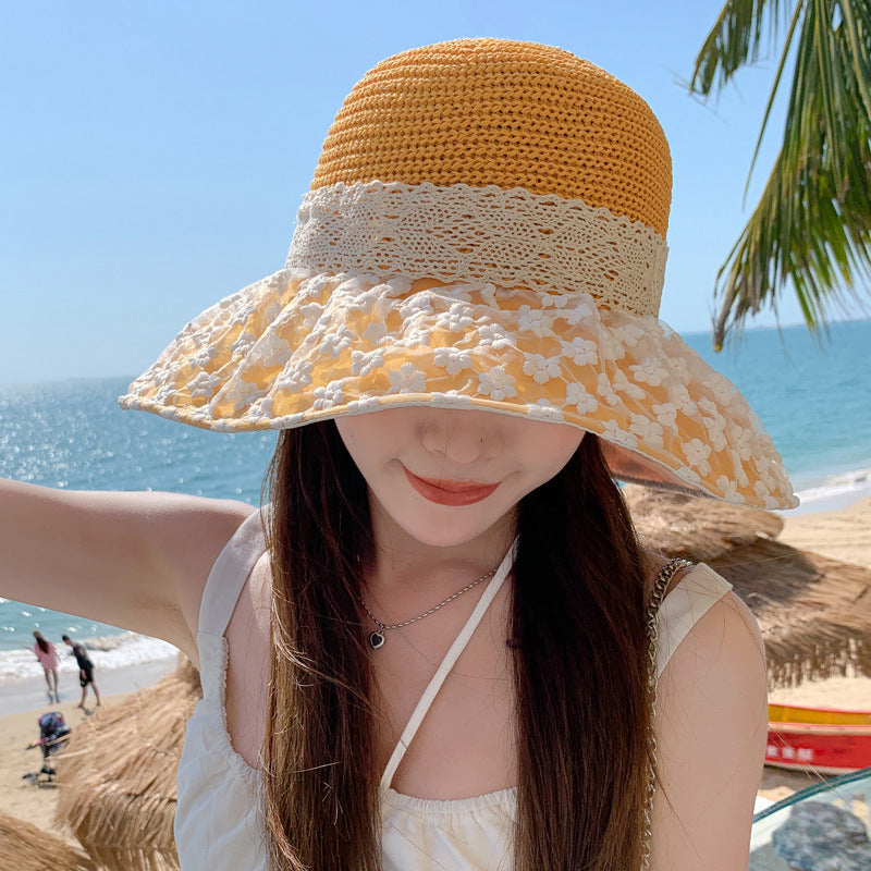 Lace Bow Straw Fisherman Hat Summer Outdoor Sunhat With Large Brim Anti-UV Sunshade And Face Protection Hat apparels & accessories