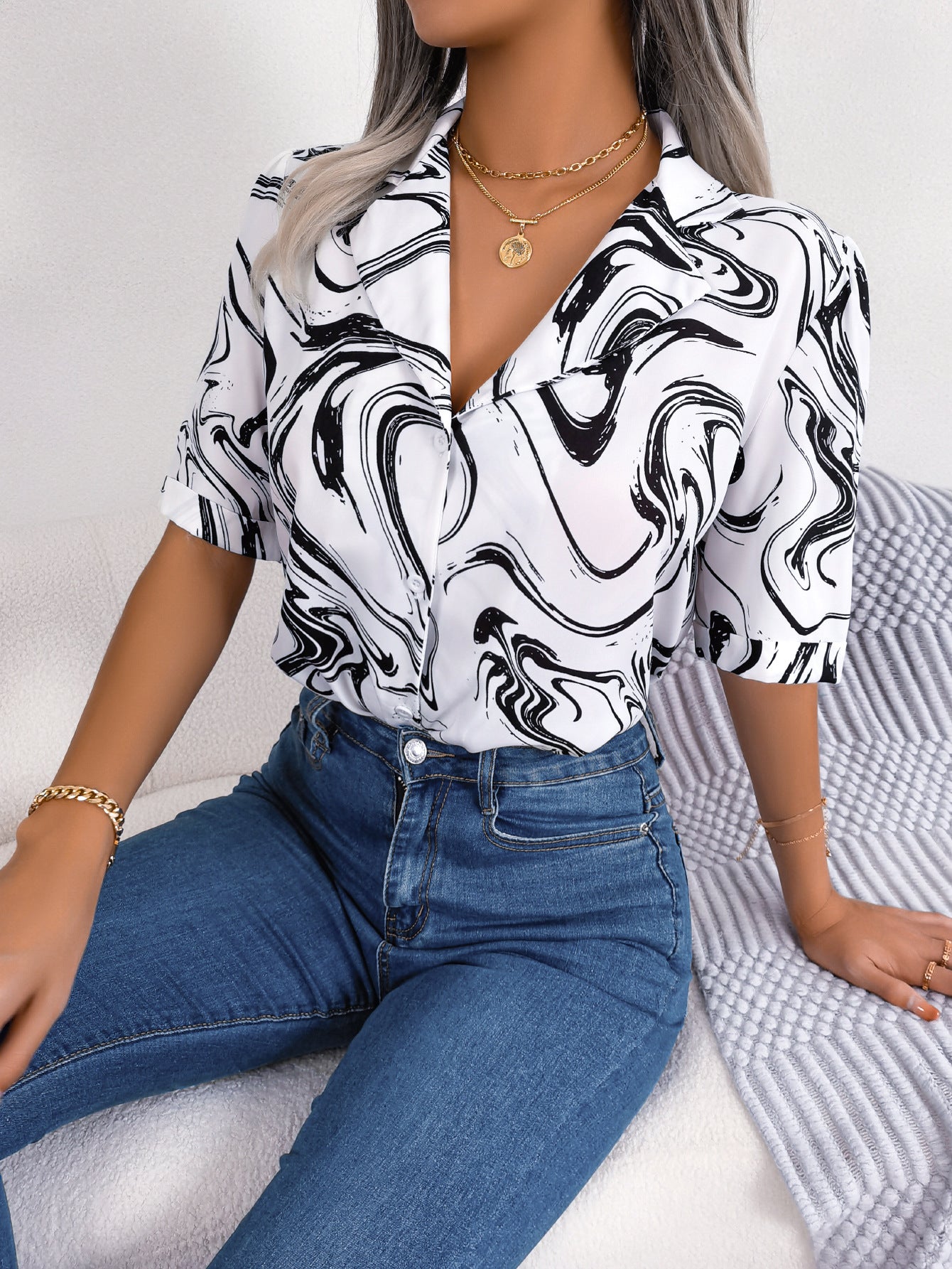 Fashion Tie Dye Printed Short Sleeve Shirt Summer Casual Lapel Shirt Tops For Womens Clothing apparel & accessories