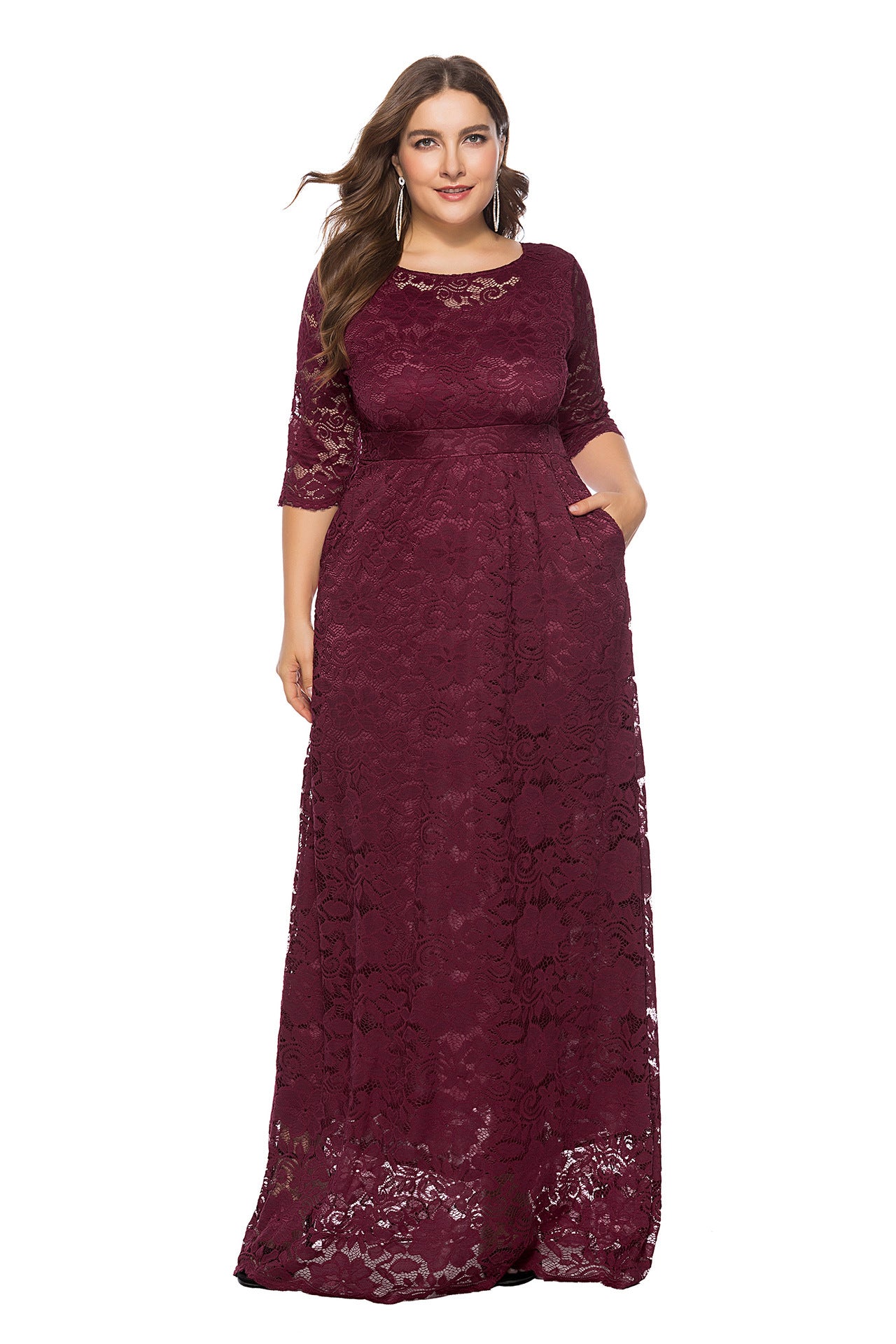 Plus Size Women New Hollow Lace Pocket Dress Dresses & Tops