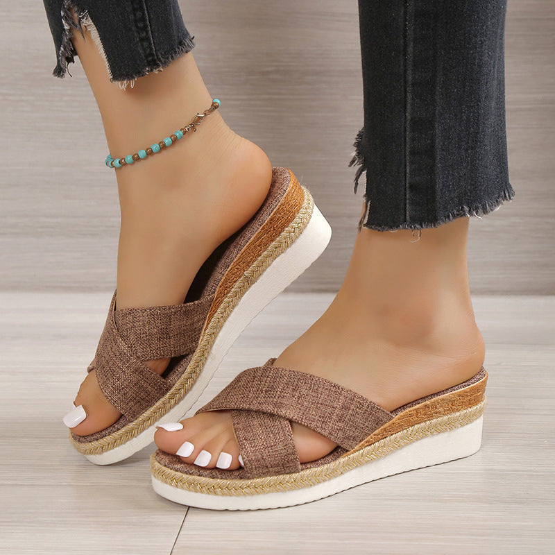 Women Hemp Wedge Sandals Platform Slippers Shoes & Bags