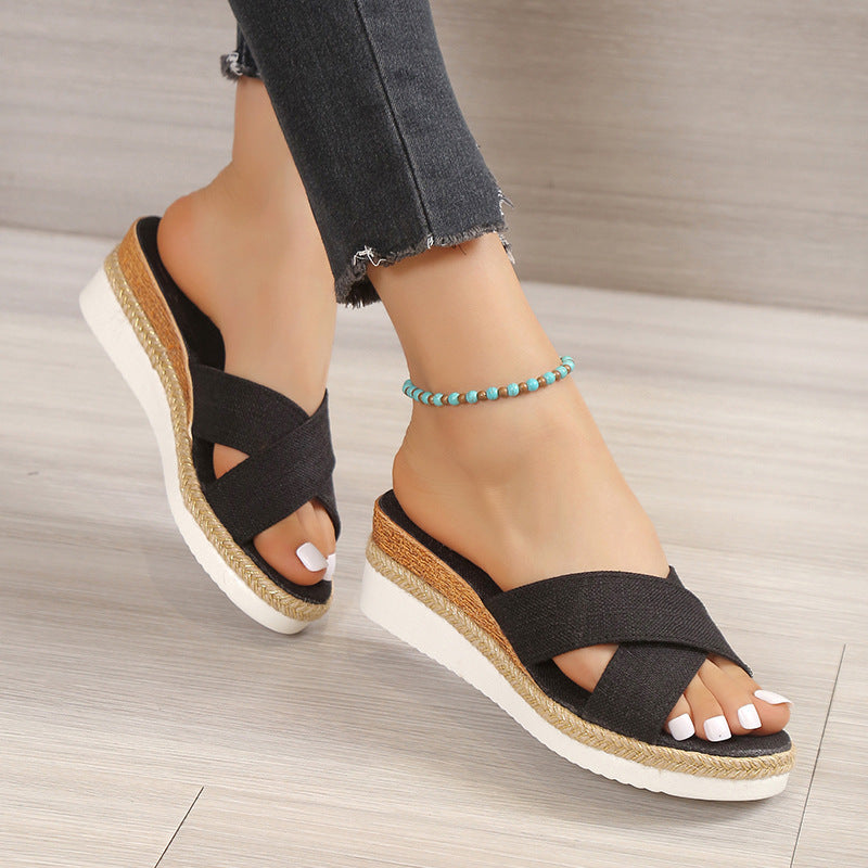 Women Hemp Wedge Sandals Platform Slippers Shoes & Bags