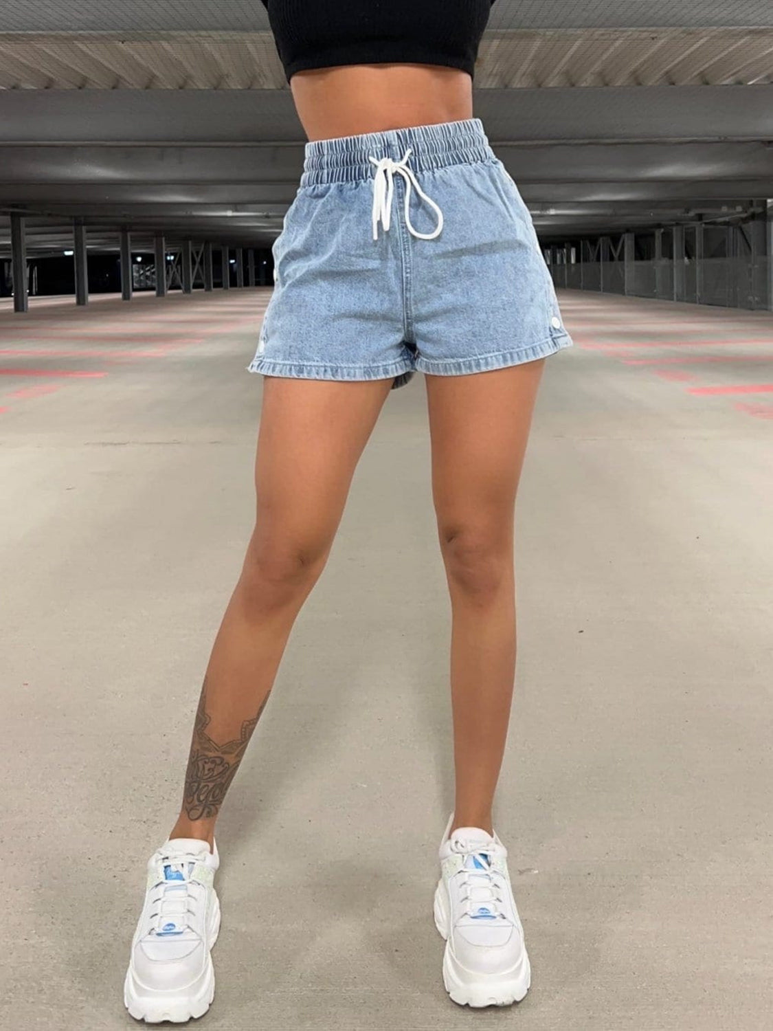 Drawstring High Waist Denim Shorts Bottom wear